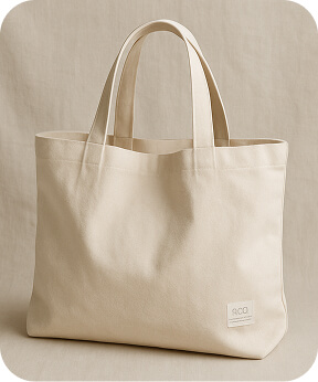 Beige organic cotton tote bag on linen background