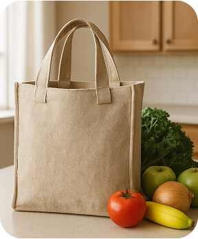 Reusable grocery tote on kitchen counter