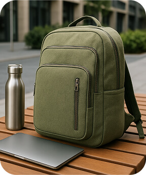 Olive green hemp backpack on bench with bottle and laptop