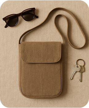 Minimalist crossbody bag on beige background