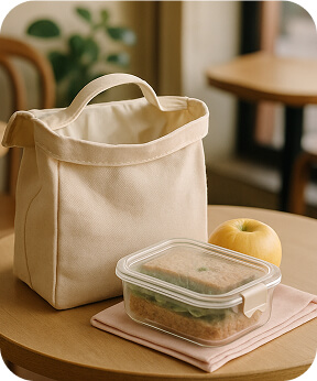 Organic cotton lunch bag with food on table