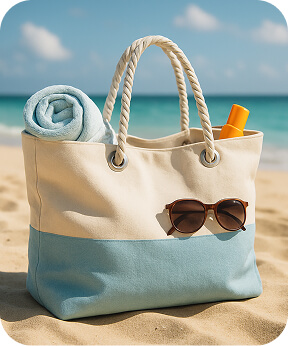 Cream and blue beach tote on sandy beach