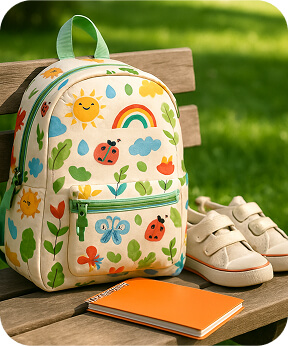 Colorful eco-friendly kid's backpack on bench with shoes and notebook