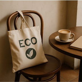 Eco tote on a chair beside a table in a cozy coffee shop with a cup, book, and laptop. Minimal and aesthetic setting.