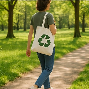 Person walking in a park with an eco-friendly tote bag, surrounded by trees and grass in a spring or summer setting.