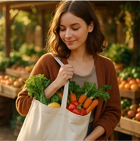 Young woman holding a large eco tote filled with fresh produce at a farmer's market, with wooden crates and greenery.